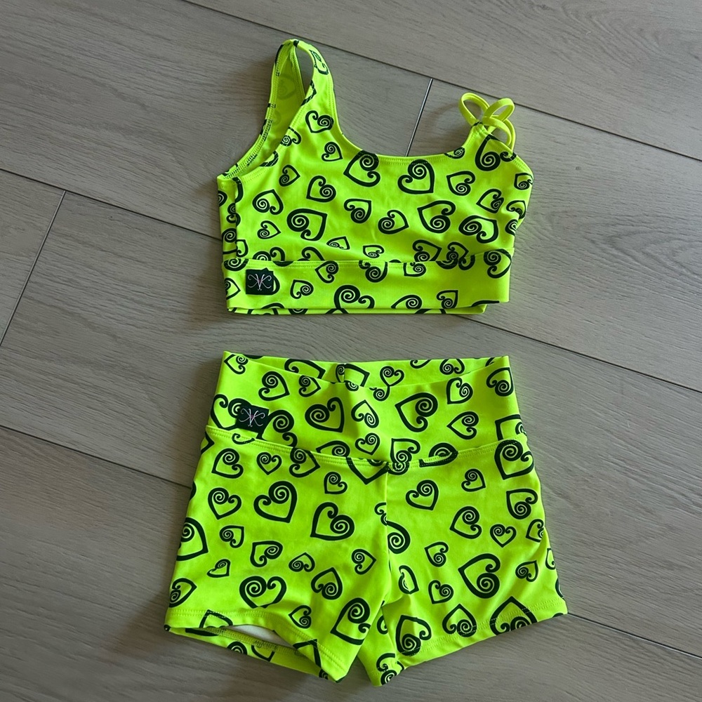 Neon Green Heart Print Dance Two-Piece Set
